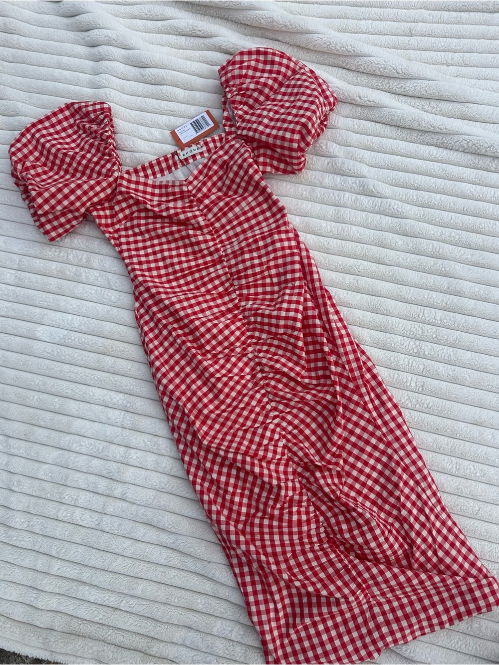RHODE Red Gingham Puff Sleeve Midi Dress - Picture 2 of 5
